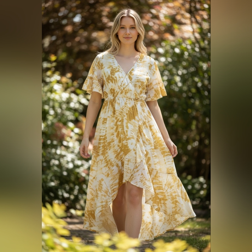 Kori Yellow And White Ruffle Wrap Dress M